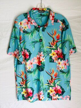 Bad Birdie Men's Size XL Performance Blue Tropical Floral Golf Polo Shirt